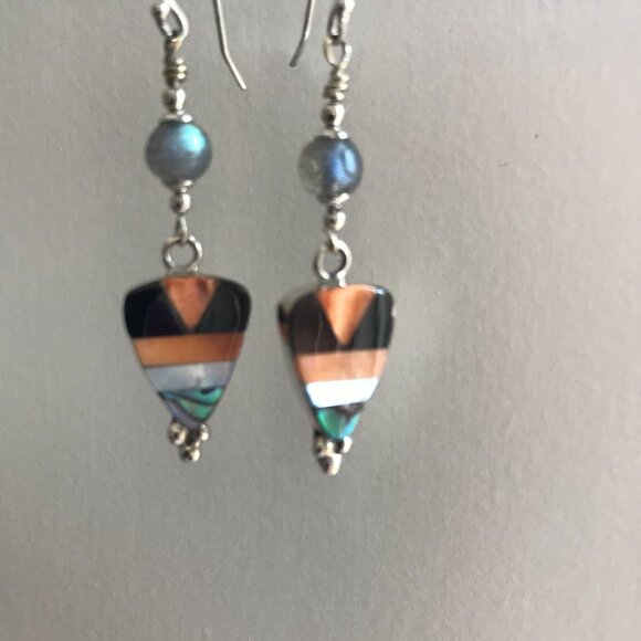 Sterling Silver, Labradorite and Shell Dangle Earrings - Picture 5 of 9